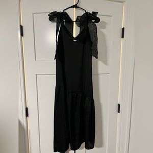 Black satin dress with organza shoulder bows